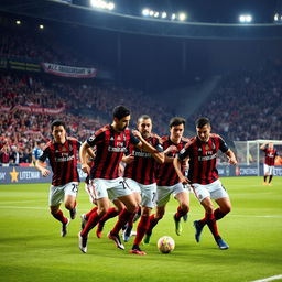 A dramatic and intense football showdown on the pitch featuring the iconic AC Milan team in their traditional red and black striped jerseys