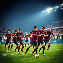 A dramatic and intense football showdown on the pitch featuring the iconic AC Milan team in their traditional red and black striped jerseys