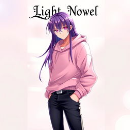 A captivating light novel cover featuring a tall male femboy with long, glossy purple hair that shines beautifully in the light