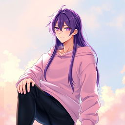 A captivating light novel cover featuring a tall male femboy with long, glossy purple hair that shines beautifully in the light