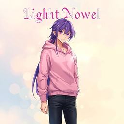 A captivating light novel cover featuring a tall male femboy with long, glossy purple hair that shines beautifully in the light