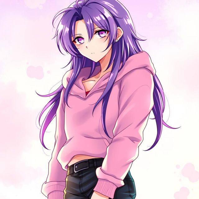 A captivating light novel cover featuring a tall male femboy with long, glossy purple hair that shines beautifully in the light