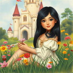A vintage drawing of a full-body portrait of an 11-year-old Latina princess with long, straight black hair and dark eyes, sitting gracefully in the grass