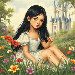 A vintage drawing of a full-body portrait of an 11-year-old Latina princess with long, straight black hair and dark eyes, sitting gracefully in the grass
