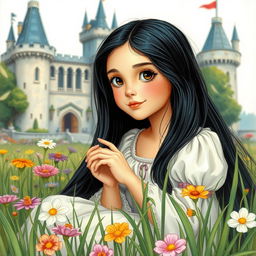 A vintage drawing of a full-body portrait of an 11-year-old Latina princess with long, straight black hair and dark eyes, sitting gracefully in the grass