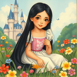 A vintage drawing of a full-body portrait of an 11-year-old Latina princess with long, straight black hair and dark eyes, sitting gracefully in the grass