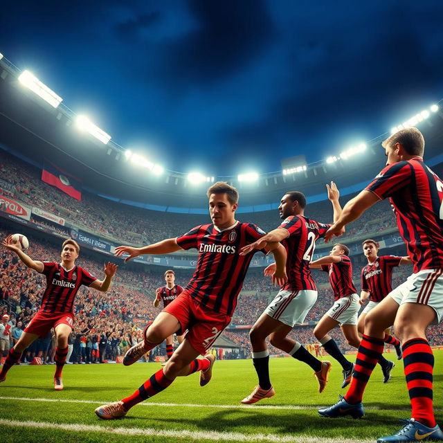 An exhilarating football scene featuring the AC Milan team in their classic red and black striped jerseys, passionately competing on the pitch