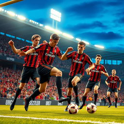 An exhilarating football scene featuring the AC Milan team in their classic red and black striped jerseys, passionately competing on the pitch