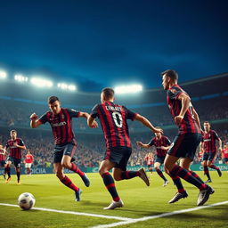 An exhilarating football scene featuring the AC Milan team in their classic red and black striped jerseys, passionately competing on the pitch