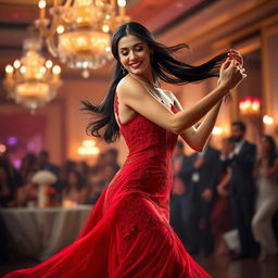 A captivating scene of a beautiful brunette woman named Dahlia Rizal dancing gracefully in an elegant ballroom