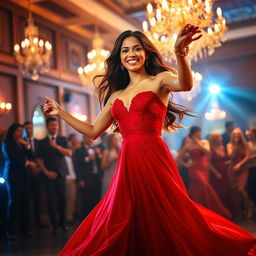 A captivating scene of a beautiful brunette woman named Dahlia Rizal dancing gracefully in an elegant ballroom