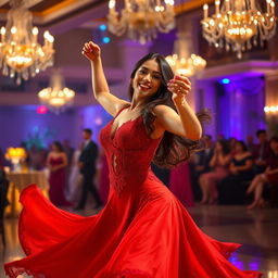 A captivating scene of a beautiful brunette woman named Dahlia Rizal dancing gracefully in an elegant ballroom