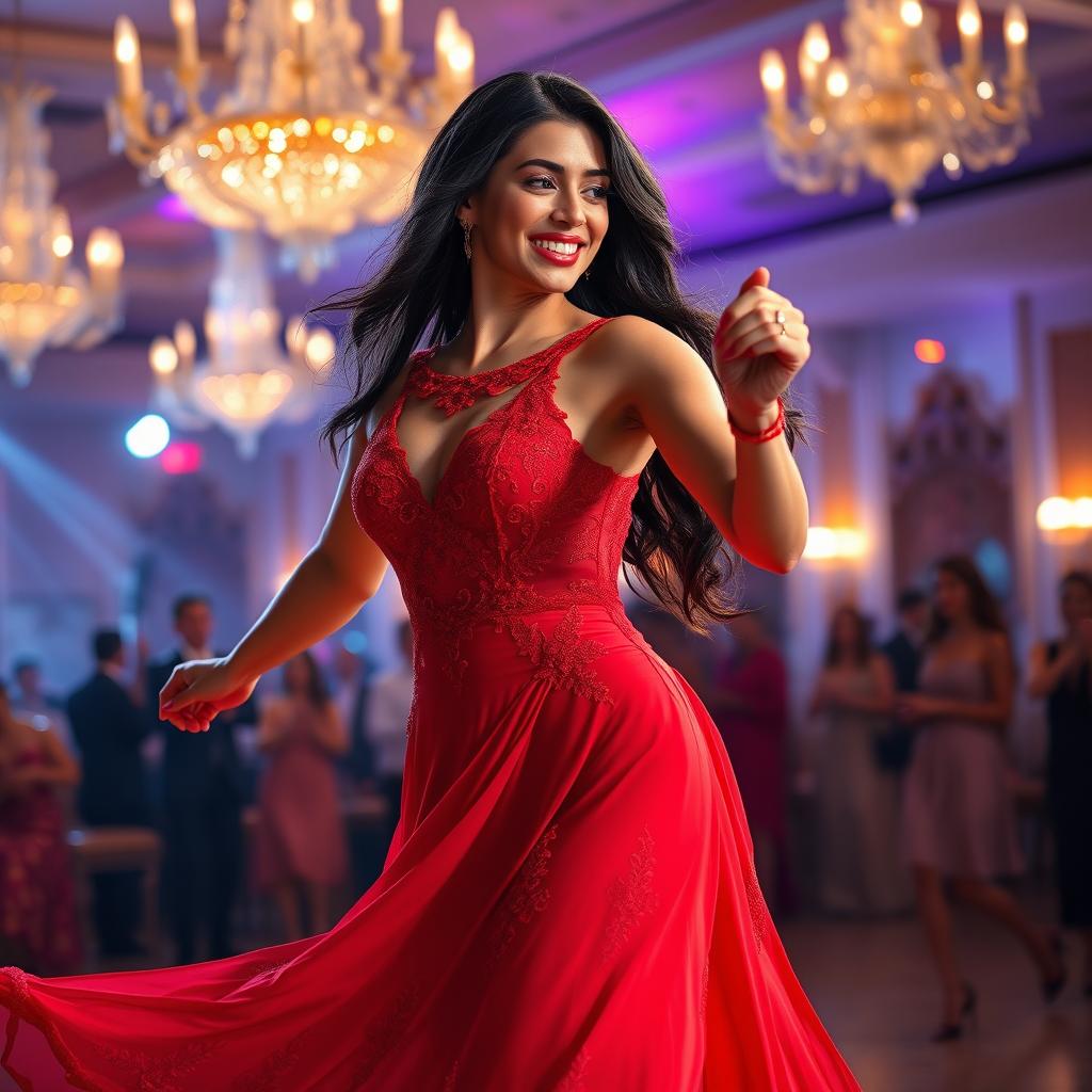 A captivating scene of a beautiful brunette woman named Dahlia Rizal dancing gracefully in an elegant ballroom