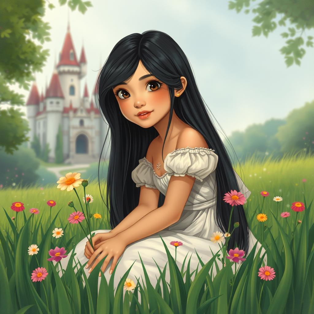 A vintage illustration of a full-body portrait of an 11-year-old Latina princess with long, straight black hair and dark eyes