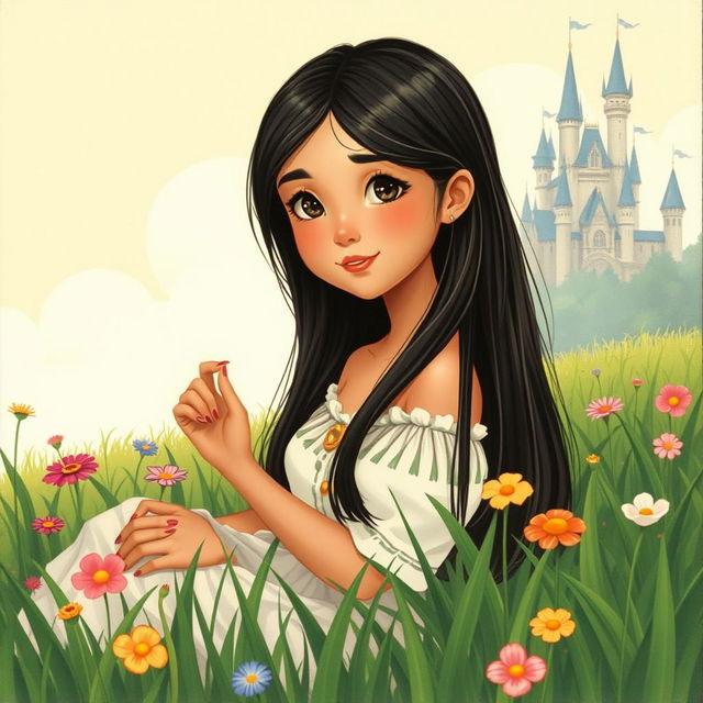 A vintage illustration of a full-body portrait of an 11-year-old Latina princess with long, straight black hair and dark eyes