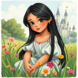 A vintage illustration of a full-body portrait of an 11-year-old Latina princess with long, straight black hair and dark eyes