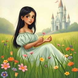 A vintage illustration of a full-body portrait of an 11-year-old Latina princess with long, straight black hair and dark eyes
