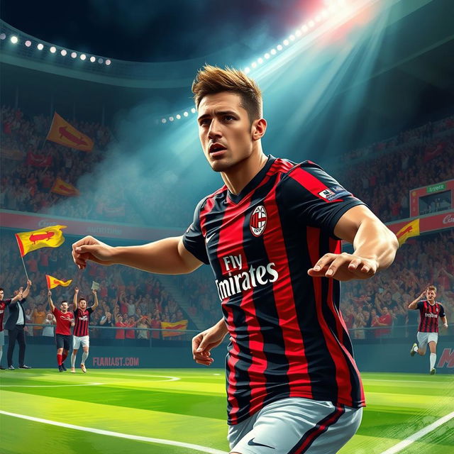 A dramatic and dynamic concept art illustration featuring an AC Milan football player in an action-packed pose on the field