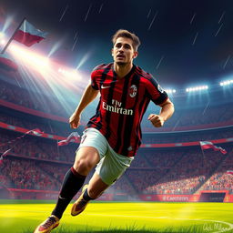 A dramatic and dynamic concept art illustration featuring an AC Milan football player in an action-packed pose on the field