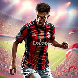 A dramatic and dynamic concept art illustration featuring an AC Milan football player in an action-packed pose on the field