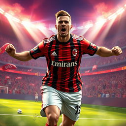 A dramatic and dynamic concept art illustration featuring an AC Milan football player in an action-packed pose on the field