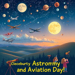 A vibrant and educational illustration celebrating Astronomy and Aviation Day