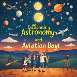 A vibrant and educational illustration celebrating Astronomy and Aviation Day