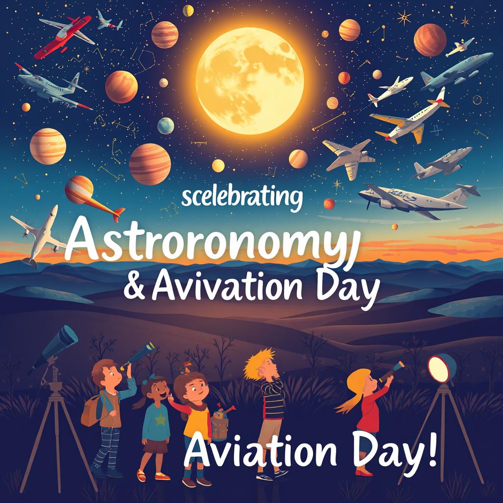 A vibrant and educational illustration celebrating Astronomy and Aviation Day