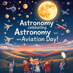 A vibrant and educational illustration celebrating Astronomy and Aviation Day