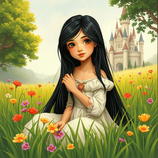 A vintage illustration of a full-body portrait of an 11-year-old Latina princess with long, straight black hair and dark eyes