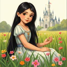 A vintage illustration of a full-body portrait of an 11-year-old Latina princess with long, straight black hair and dark eyes