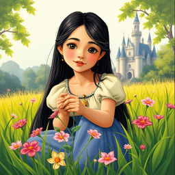 A vintage illustration of a full-body portrait of an 11-year-old Latina princess with long, straight black hair and dark eyes