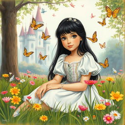 A vintage drawing of a full-body portrait of an 11-year-old white Latina princess with long, straight black hair and dark eyes, sitting gracefully in the grass
