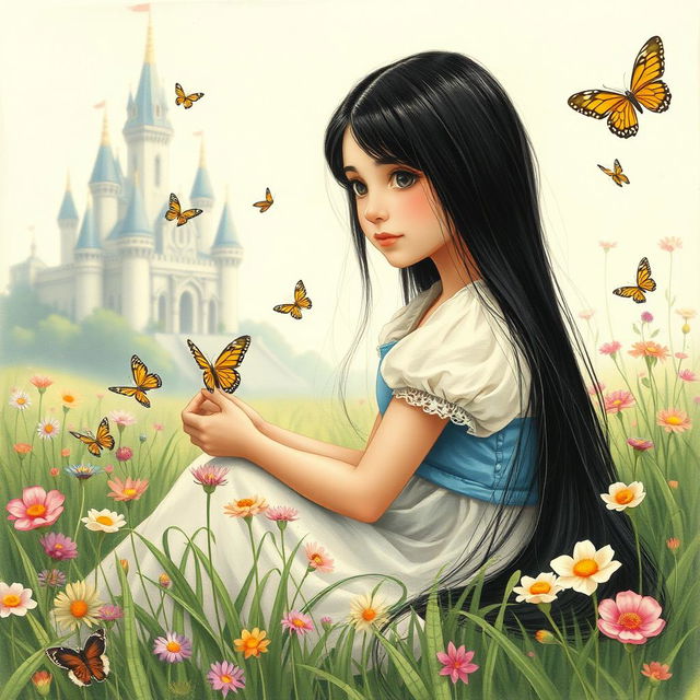 A vintage drawing of a full-body portrait of an 11-year-old white Latina princess with long, straight black hair and dark eyes, sitting gracefully in the grass