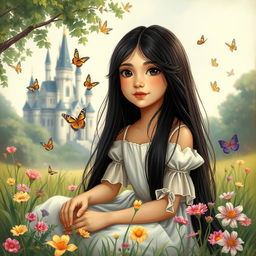 A vintage drawing of a full-body portrait of an 11-year-old white Latina princess with long, straight black hair and dark eyes, sitting gracefully in the grass