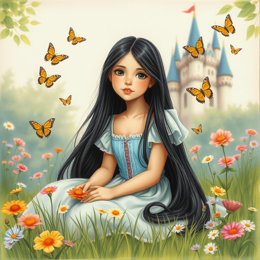 A vintage drawing of a full-body portrait of an 11-year-old white Latina princess with long, straight black hair and dark eyes, sitting gracefully in the grass