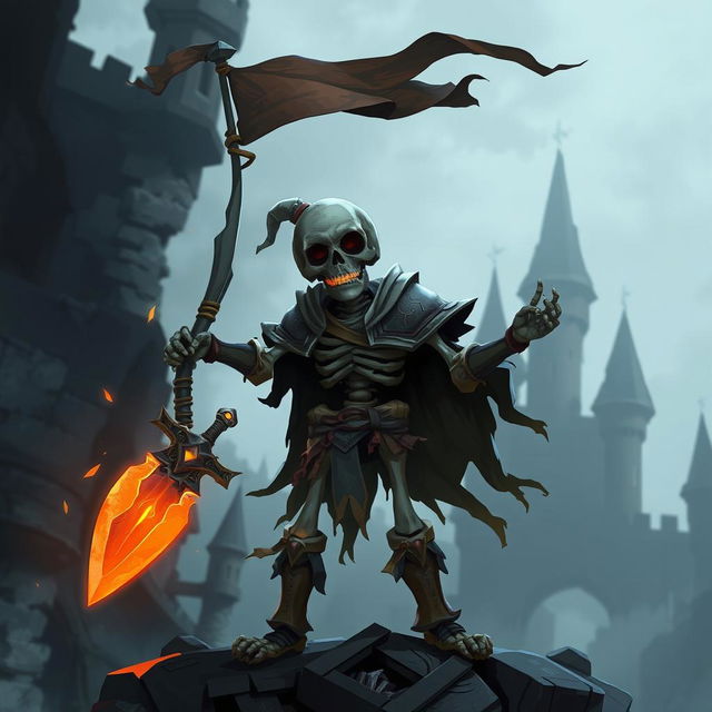 An imaginative depiction of a skeletal medieval warrior character designed for a 2D platform video game, featuring intricate armor made from ancient, weathered materials and a glowing sword in hand