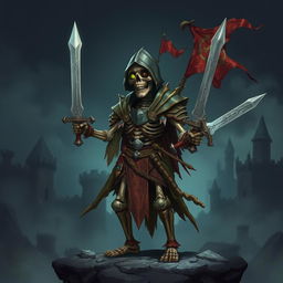 An imaginative depiction of a skeletal medieval warrior character designed for a 2D platform video game, featuring intricate armor made from ancient, weathered materials and a glowing sword in hand