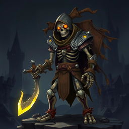 An imaginative depiction of a skeletal medieval warrior character designed for a 2D platform video game, featuring intricate armor made from ancient, weathered materials and a glowing sword in hand