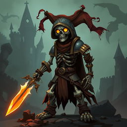 An imaginative depiction of a skeletal medieval warrior character designed for a 2D platform video game, featuring intricate armor made from ancient, weathered materials and a glowing sword in hand