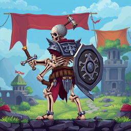 A skeletal medieval warrior character designed for a 2D platform video game, viewed from the side