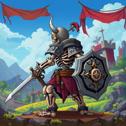 A skeletal medieval warrior character designed for a 2D platform video game, viewed from the side