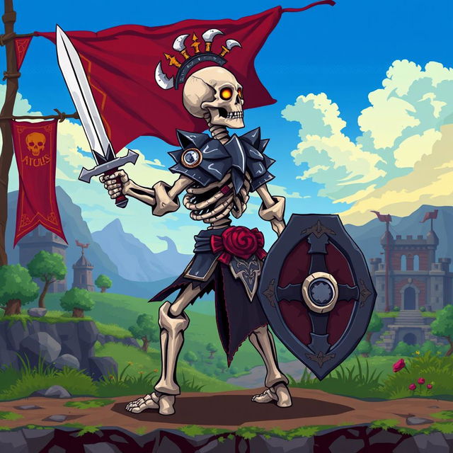 A skeletal medieval warrior character designed for a 2D platform video game, viewed from the side