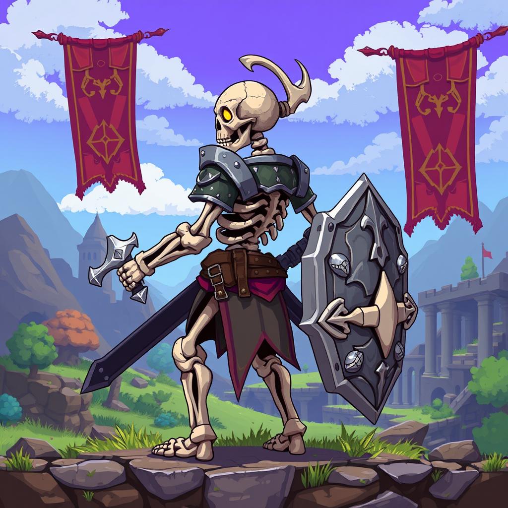 A skeletal medieval warrior character designed for a 2D platform video game, viewed from the side