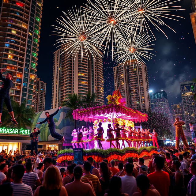 A vibrant tropical Caribbean city at night, featuring towering skyscrapers illuminated with colorful lights