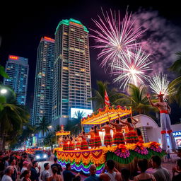A vibrant tropical Caribbean city at night, featuring towering skyscrapers illuminated with colorful lights