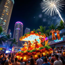 A vibrant tropical Caribbean city at night, featuring towering skyscrapers illuminated with colorful lights