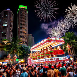 A vibrant tropical Caribbean city at night, featuring towering skyscrapers illuminated with colorful lights