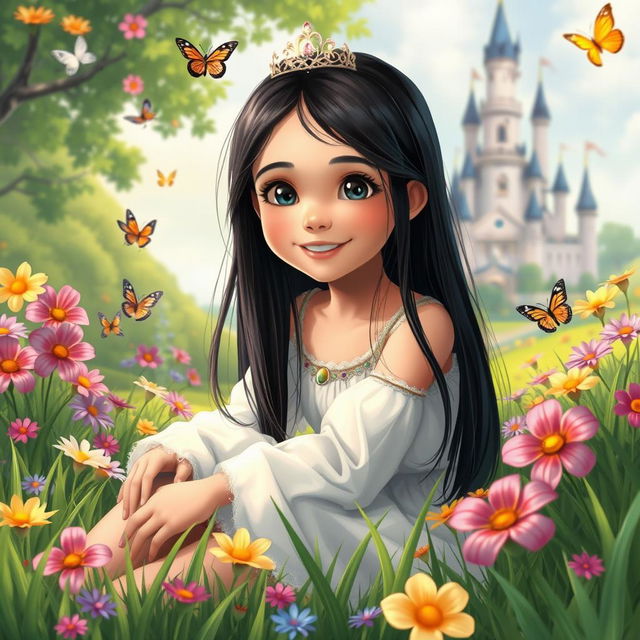 A vibrant illustration of a full-body portrait of an 11-year-old white Brazilian princess with long, straight black hair and dark eyes