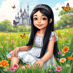 A vibrant illustration of a full-body portrait of an 11-year-old white Brazilian princess with long, straight black hair and dark eyes
